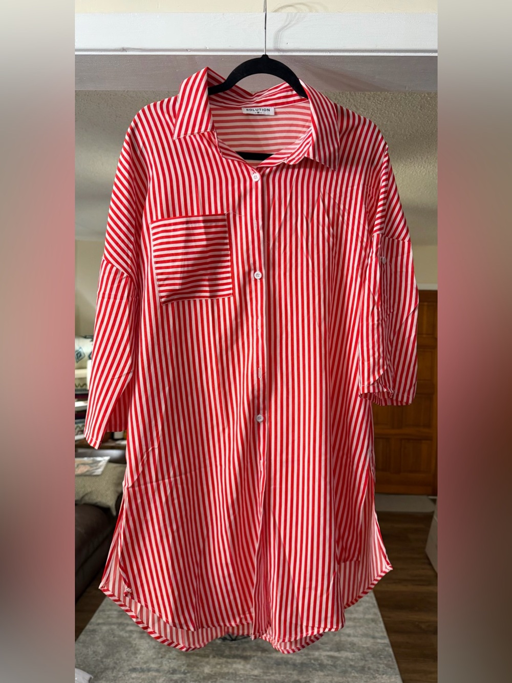 Solution Red & White Striped Oversized Button Down Shirt Dress – Size Medium ❤️🤍